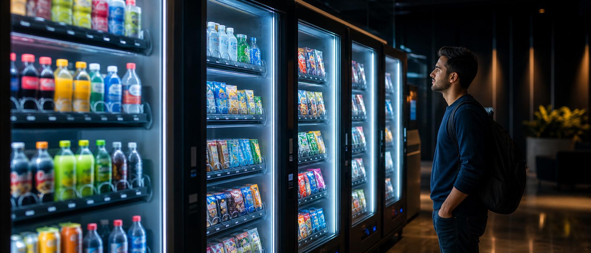 Customer viewing premium vending machines